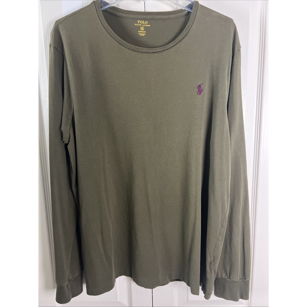 Polo Ralph Lauren Men T-Shirt Size XL Custom Fit LS Olive Cotton Purple Pony A55